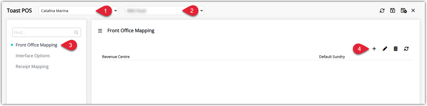 Annotated screenshot of the Toast POS Front Office Mapping screen in RMS with the property selectors and Add button highlighted