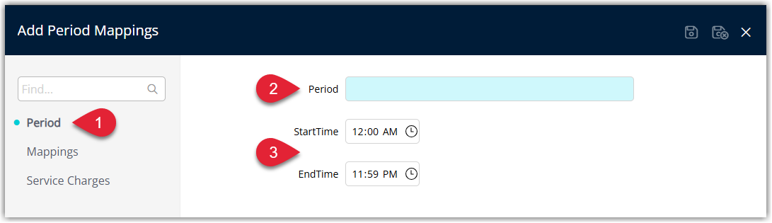 Annotated screenshot of the Add Period Mappings dialog in RMS showing the Period, Start Time, and End Time fields
