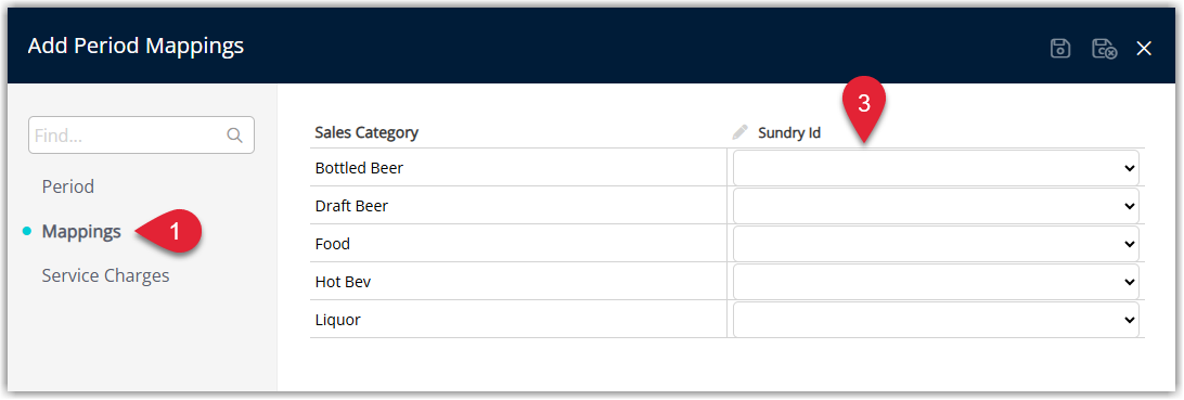 Annotated screenshot of the Add Period Mappings dialog in RMS showing the Mappings tab with sales categories mapped to Sundry IDs