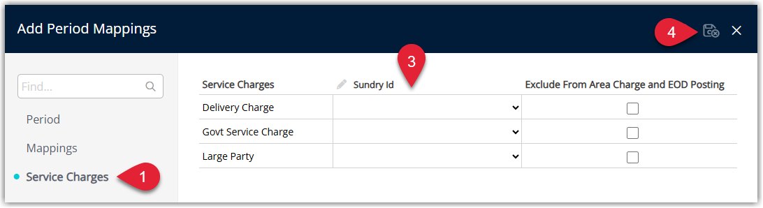 Annotated screenshot of the Add Period Mappings dialog in RMS showing the Service Charges tab with service charges mapped to Sundry IDs