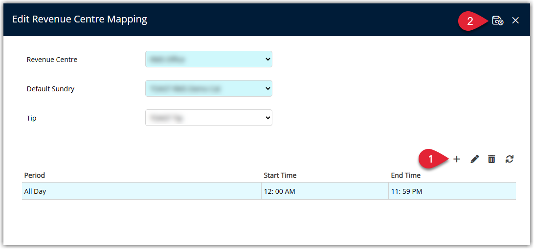 Annotated screenshot of the Edit Revenue Centre Mapping dialog in RMS showing a completed mapping with an All Day period
