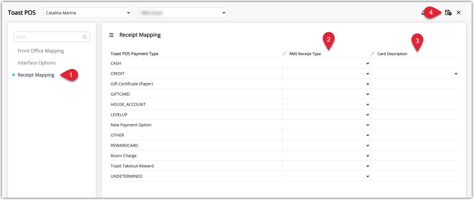 Annotated screenshot of the Toast POS Receipt Mapping screen in RMS showing Toast POS payment types mapped to RMS Receipt Types and Card Descriptions