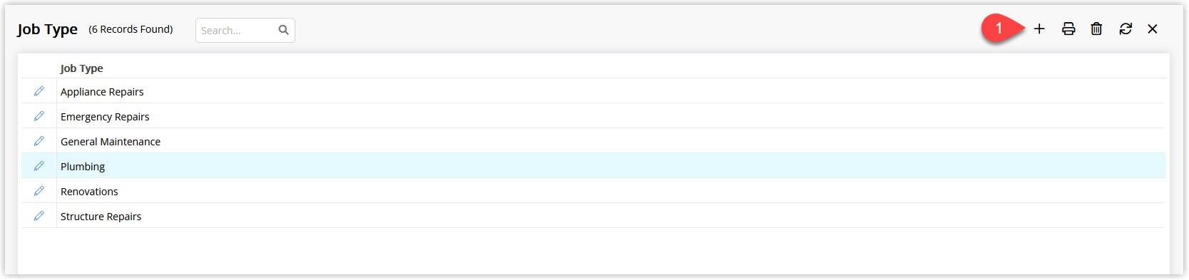 RMS Job Type lookup table screen showing an empty list of job types and the toolbar at the top. The ‘Add’ icon (a plus button) is highlighted to indicate where to click to create a new Job Type.
