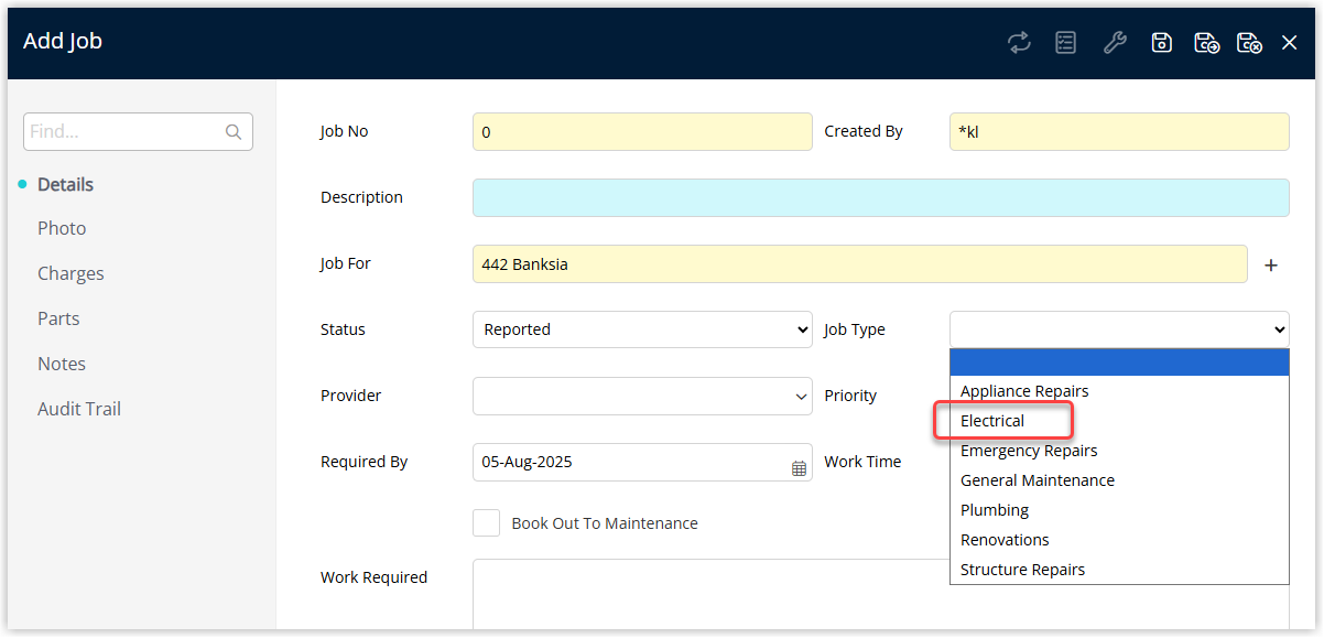 Create Job screen in RMS Job Management for an Area, Asset or Dwelling. The ‘Job Type’ drop-down field is open, displaying a list of available job types including the newly created option, indicating it can now be selected when creating a maintenance task.