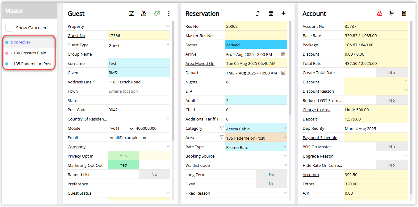 Annotated screenshot of a reservation in RMS with the master reservation tree showing two split area segments highlighted