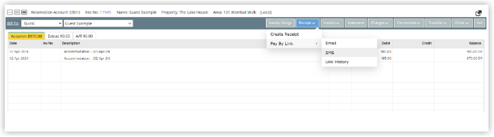 Screenshot of the Reservation Account screen with the Receipt dropdown expanded. Pay By Link is highlighted, revealing a submenu with Email, SMS, and Link History options.