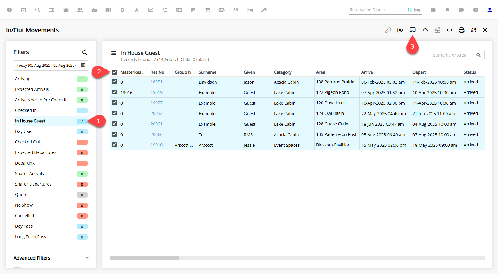 Screenshot of the In/Out Movements screen in RMS with multiple reservations selected and the Correspondence Options icon highlighted to access batch functions.