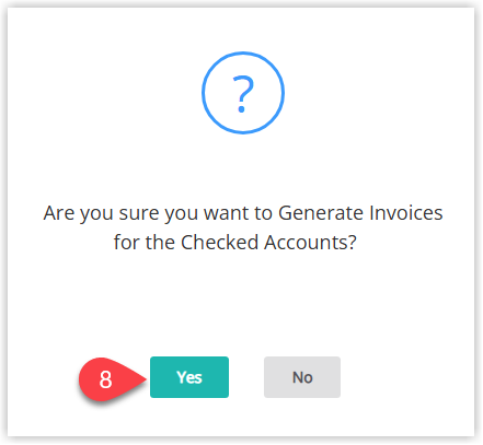 Annotated screenshot of an RMS confirmation dialog asking to generate invoices for the checked accounts, with the Yes button highlighted