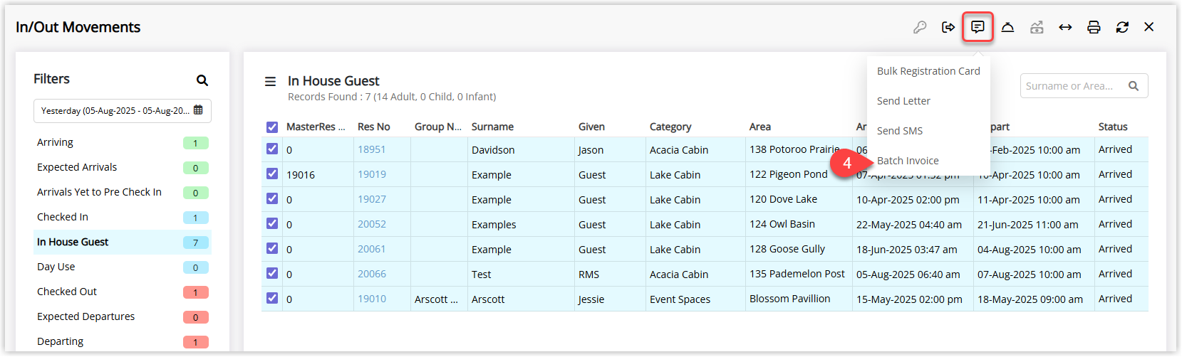 Screenshot of the Correspondence Options menu on the In/Out Movements screen in RMS with Batch Invoice selected to create multiple Tax Invoices.
