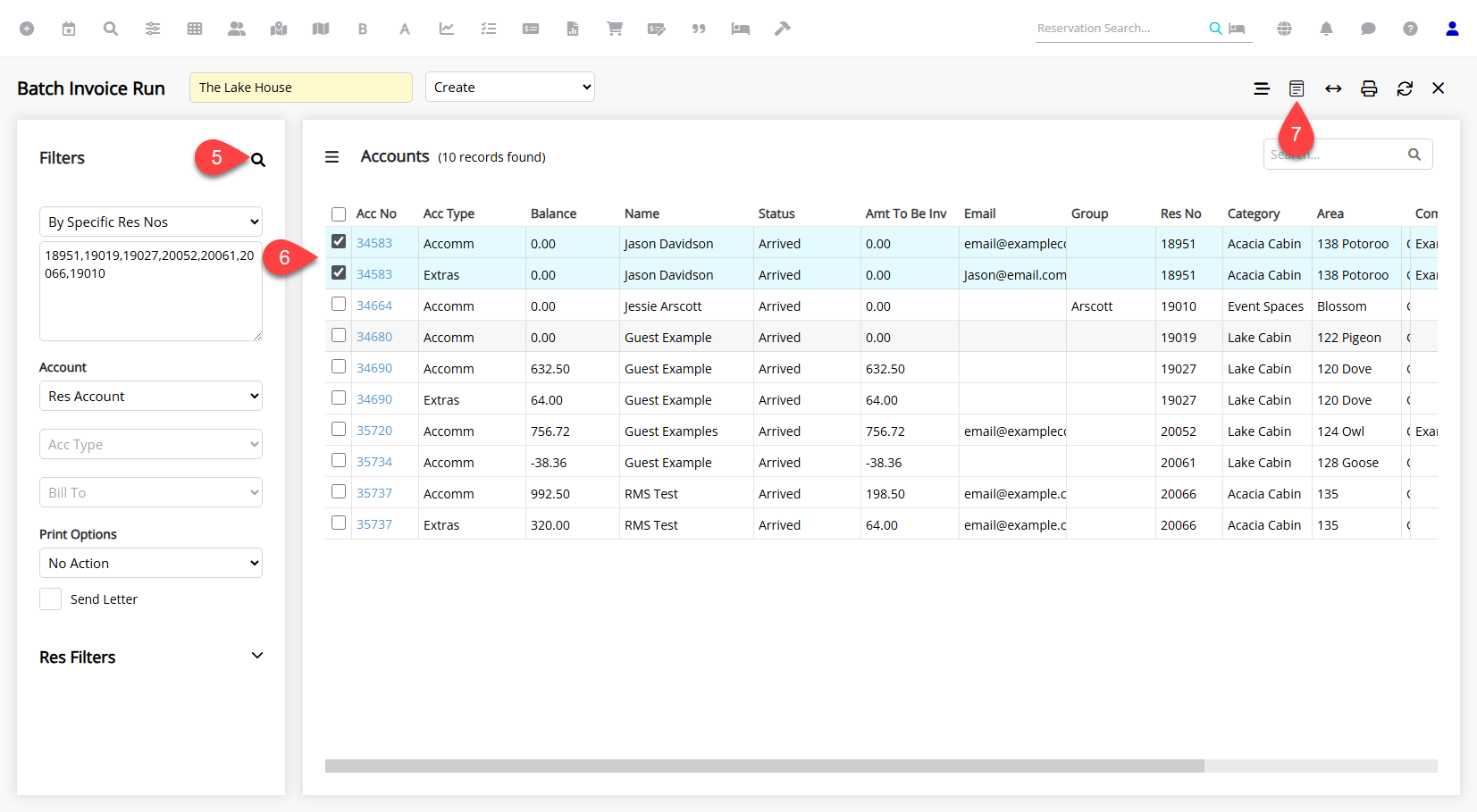 Screenshot of the Batch Invoice window in RMS showing a list of reservation accounts with checkboxes selected and the Create Invoices icon highlighted to generate Tax Invoices in bulk.