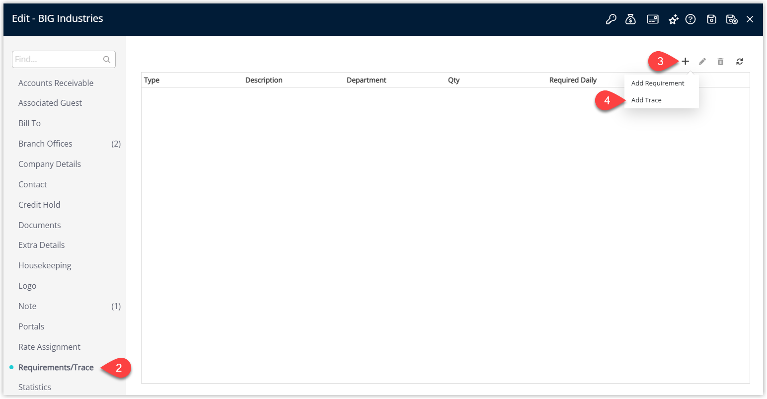 Company profile in RMS with the Requirements/Trace section open, showing an Add button clicked and a menu with ‘Add Trace’ selected to create a new Company Trace.