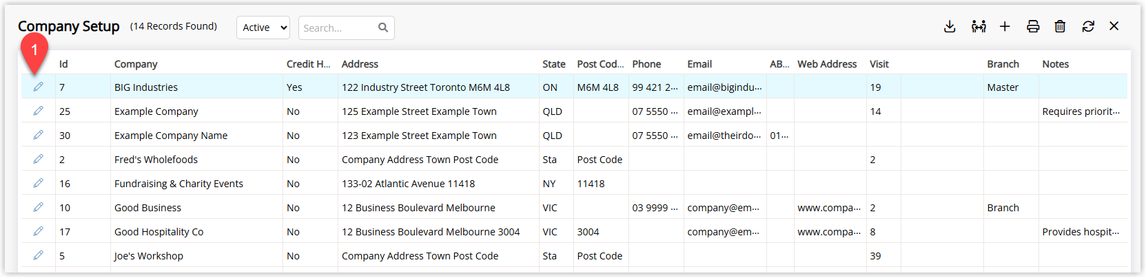 Company list screen in RMS showing existing companies with an Edit option beside each, and one company’s Edit button highlighted to open its profile for managing traces.