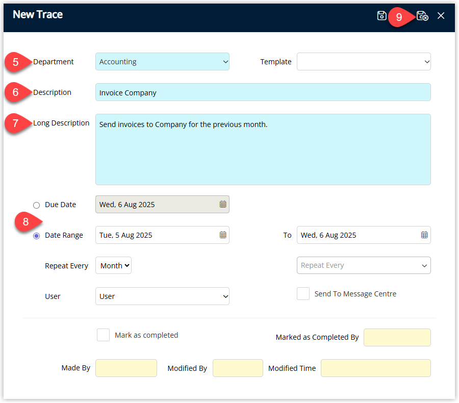 Add Company Trace window in RMS showing fields to select a Department and optional Trace Template, enter a short Description and Long Description, choose either a Due Date or a Date Range with optional Repeat Frequency, assign a User, optionally tick ‘Send to Message Centre’, and a Save/Exit button to create the trace.