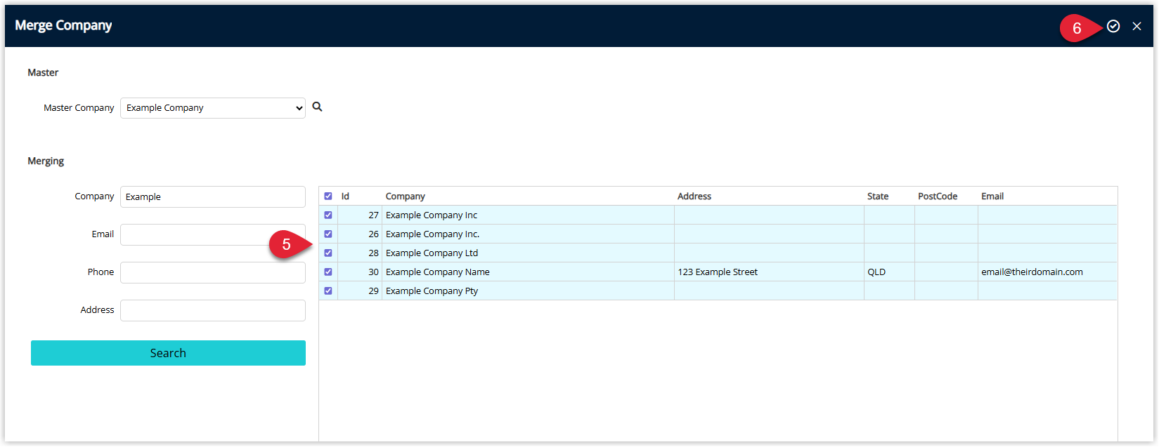 Company Merge results list in RMS displaying multiple company records with checkboxes, the desired duplicate companies selected, and an Apply button highlighted to proceed with merging them into the Master Company.