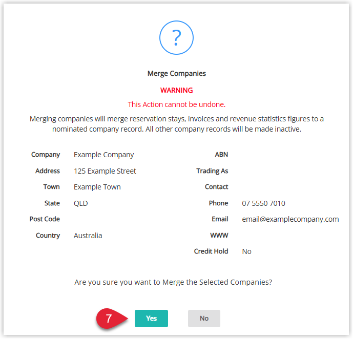 Confirmation dialog in RMS warning that merging company records is permanent, with a Yes button highlighted to confirm merging the selected companies into the Master Company.