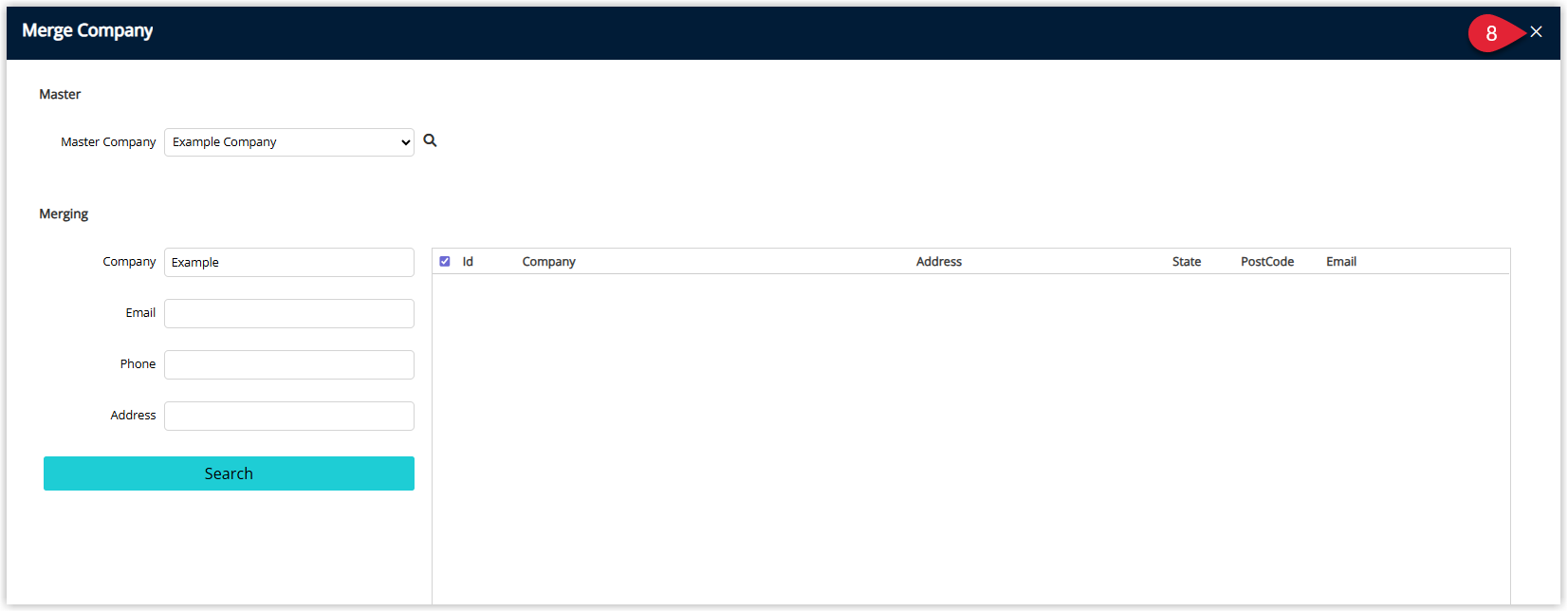 Company Merge screen in RMS after the merge has completed, showing a message or status indicating success and an Exit button to return to the main Company setup screen.