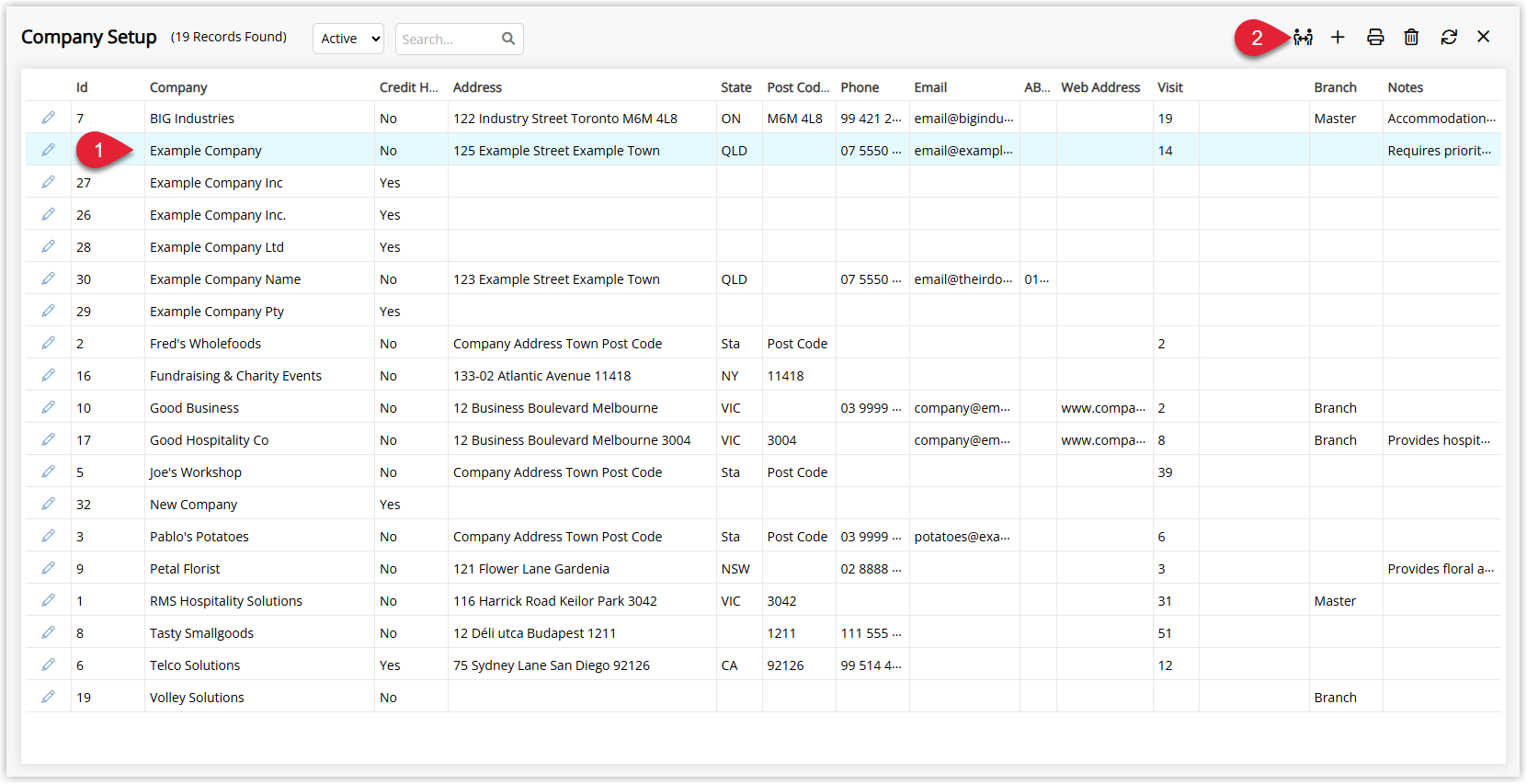 Company setup screen in RMS listing existing companies, with one company highlighted as the Master and its Merge icon selected to start the company merge process.