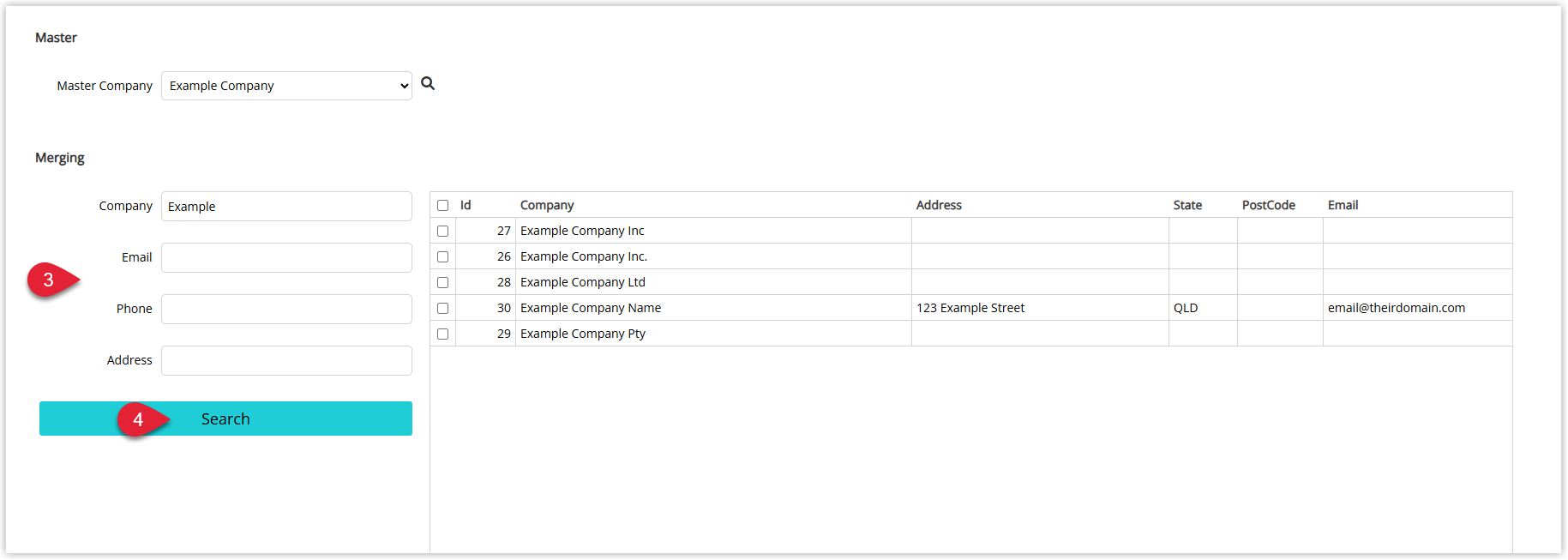 Company Merge window in RMS showing fields to enter search criteria (such as company name or code) and a Search button to find duplicate or related company records to merge into the Master Company.