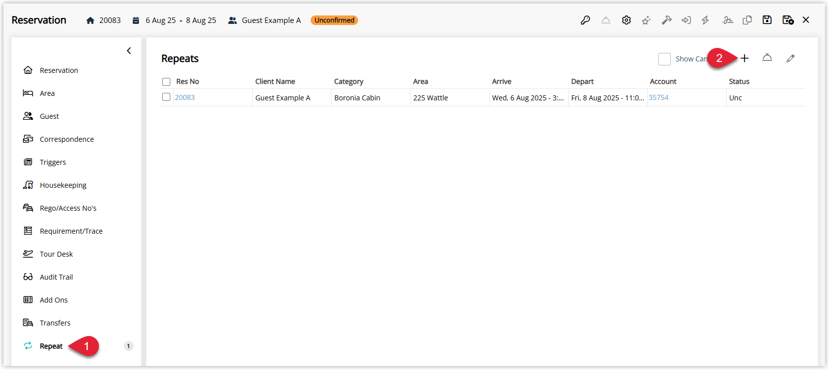 Screenshot of a reservation in RMS with the options menu open highlighting the Repeat Reservation option used to create a new booking based on the existing reservation.
