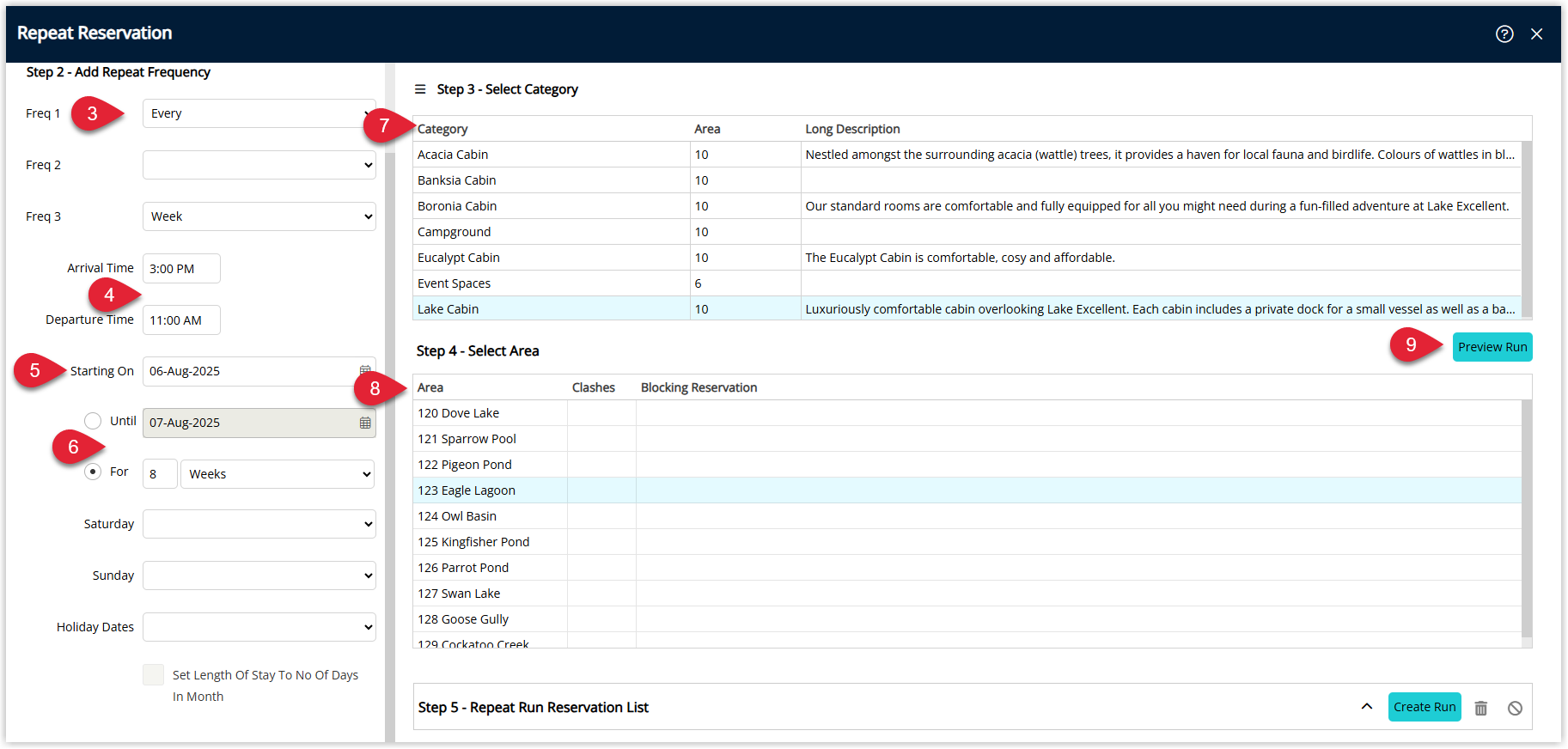 Screenshot of the Repeat Reservation window in RMS showing fields to set the start date, repeat pattern and number of occurrences for creating multiple future reservations from an existing booking.