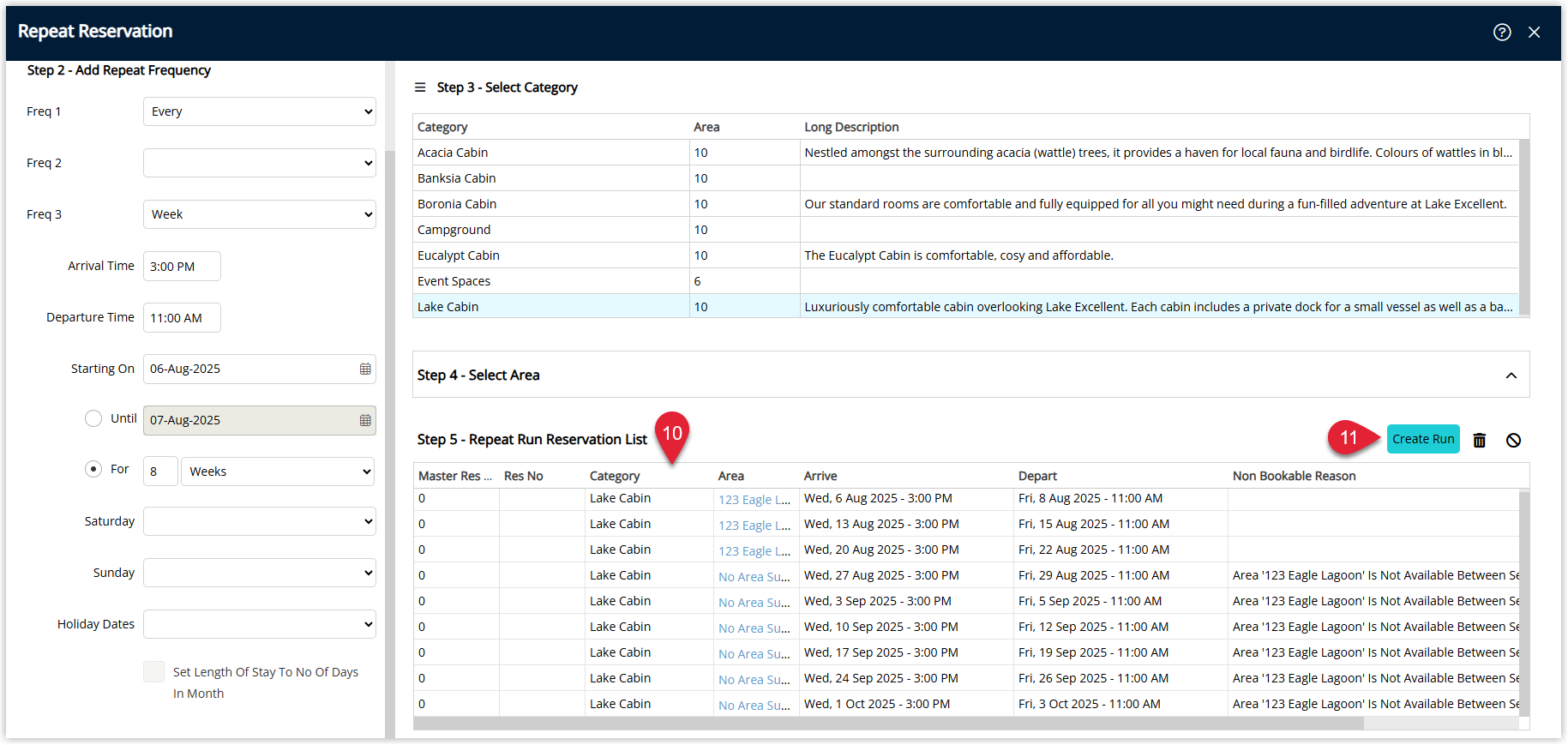 Screenshot of the Repeat Reservation summary in RMS showing a list of new reservations to be created, including arrival dates and areas for each repeated booking