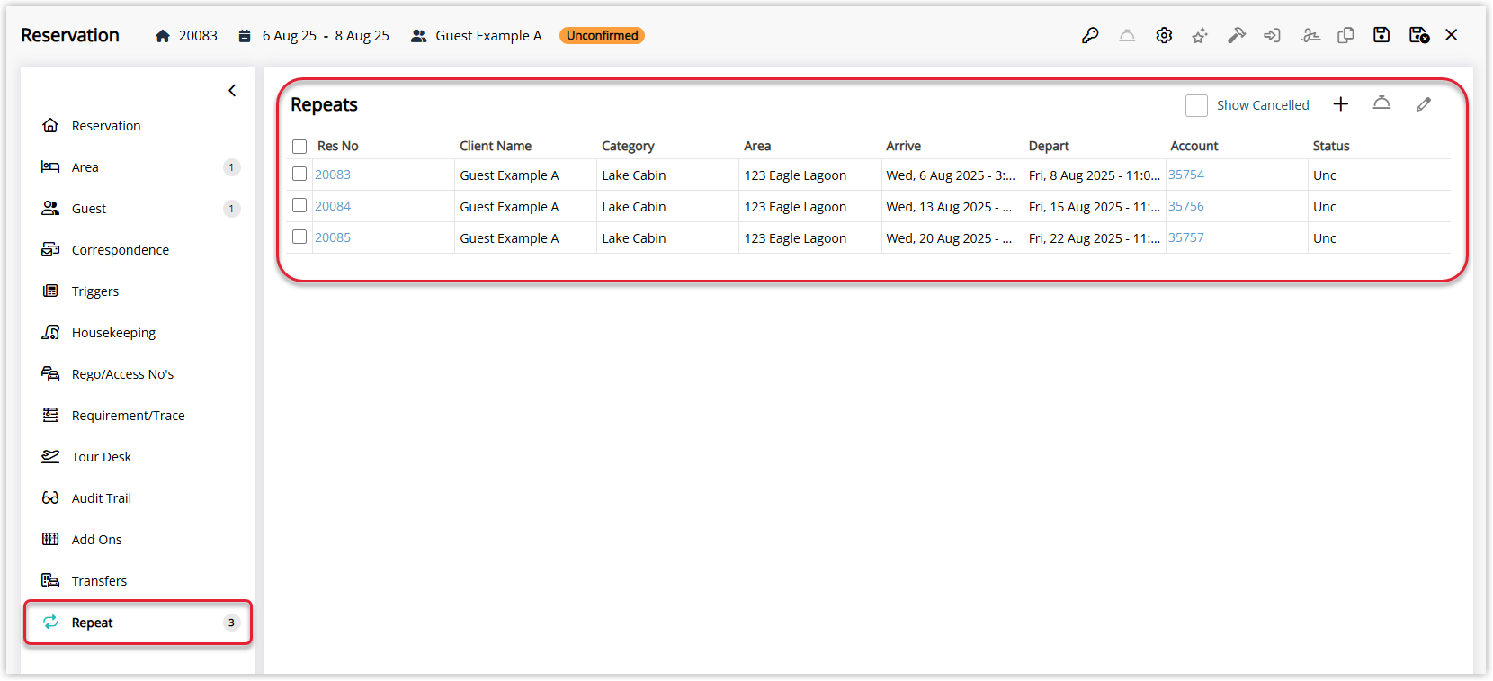 Annotated screenshot of the reservation Repeat tab in RMS showing the table of repeated reservations with their dates and accounts