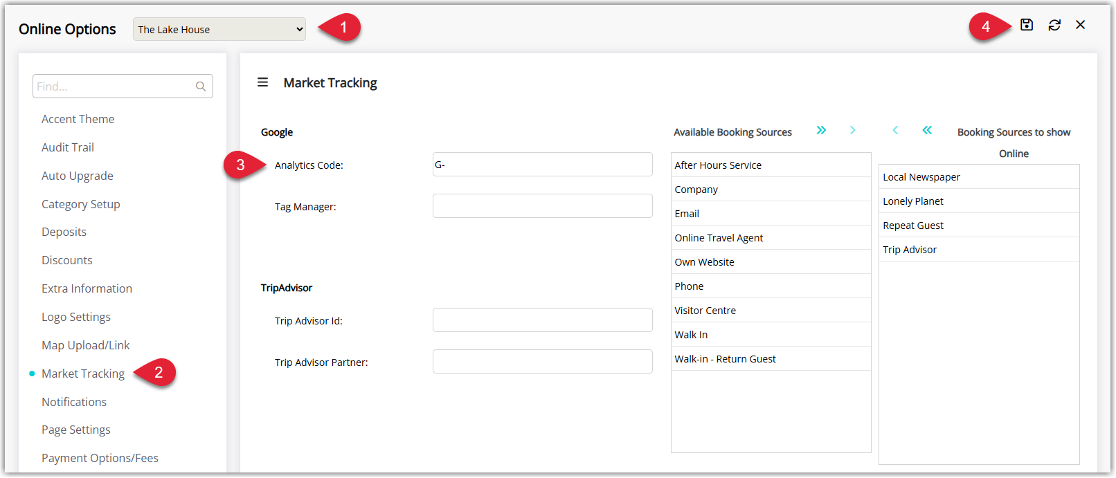 Screenshot of the Online Options window in RMS with the Market Tracking tab selected, showing a Google Analytics 4 Code/Measurement ID field populated with a value starting “G-” and the Save/Exit button highlighted to activate GA4 tracking for the RMS Booking Engine.