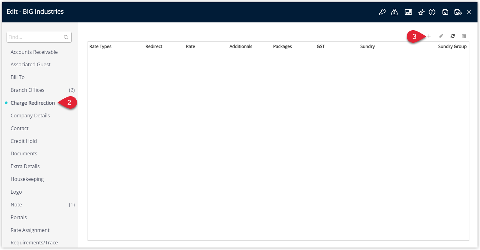 Company setup window in RMS displaying the Charge Redirection tab with an empty grid and the Add icon highlighted to create a new redirection rule.