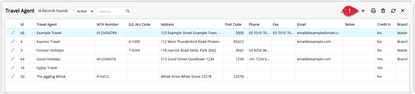 Travel Agent setup screen in RMS showing the Add button used to create a new Travel Agent.