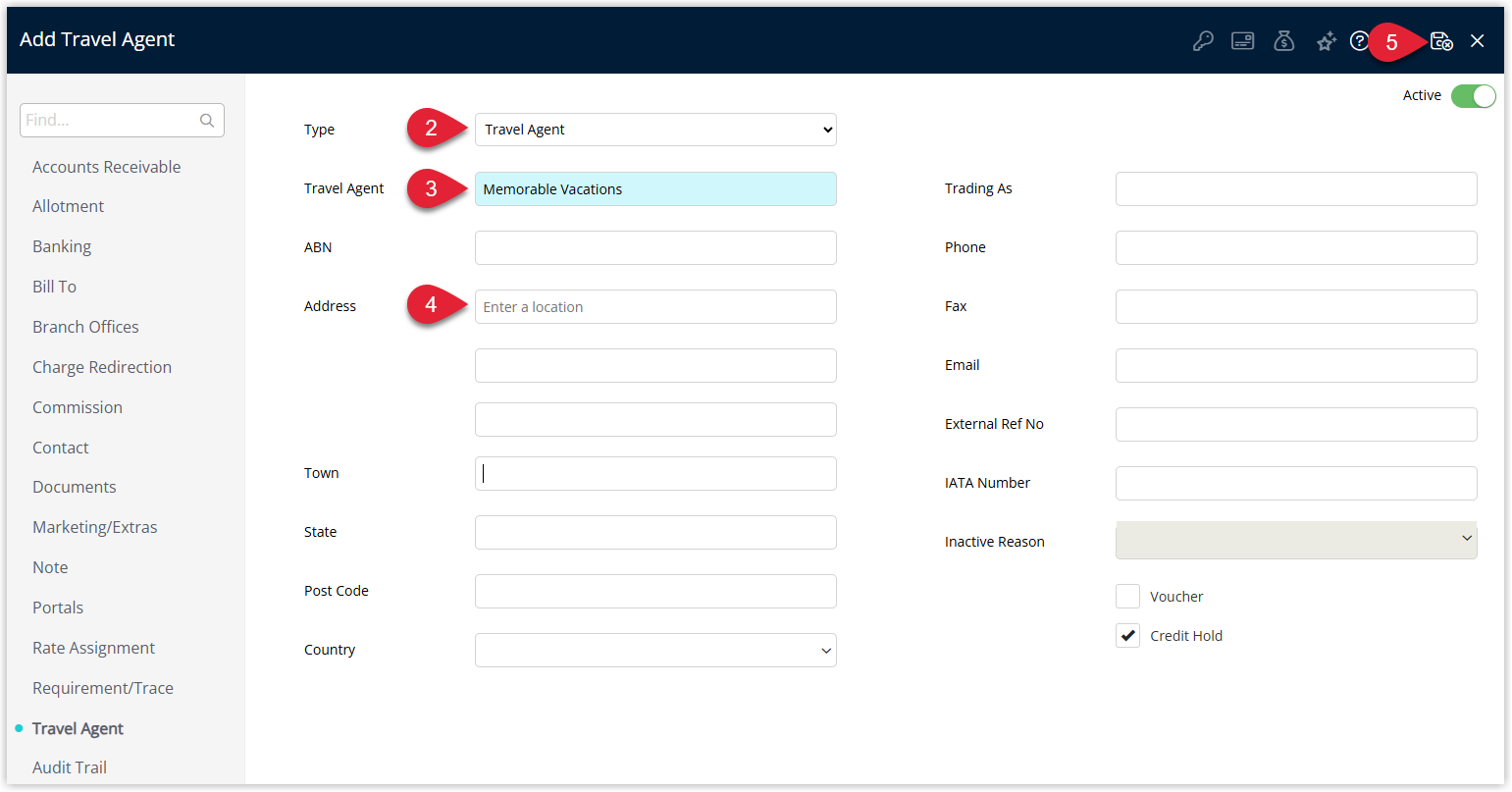 New Travel Agent details screen in RMS with Type (Retail or Wholesaler), Travel Agent Name and contact information entered, optional Credit Hold deselected, and the Save/Exit button highlighted to save the Travel Agent.
