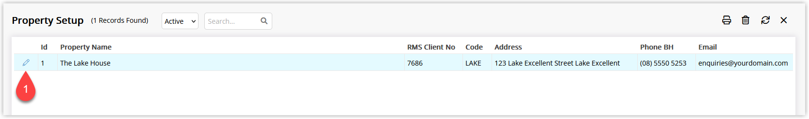 Screenshot of the Property Information list in RMS showing multiple properties, with one property highlighted and the Edit button/icon selected to open its details.