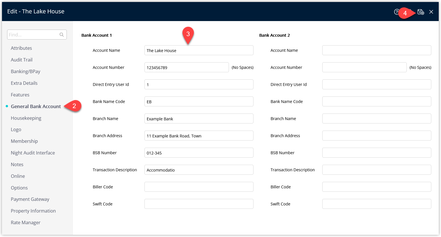 Screenshot of the Property Information edit screen in RMS with the General Bank Account tab selected, showing fields for bank name, account name, BSB/sort code and account number completed, and the Save/Exit button highlighted to store the banking details.