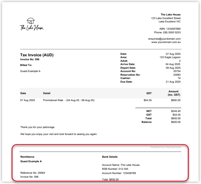 Screenshot of a Tax Invoice generated in RMS showing the main itemised charges and, at the bottom of the invoice, a remittance slip section displaying the property’s bank account details for payment.