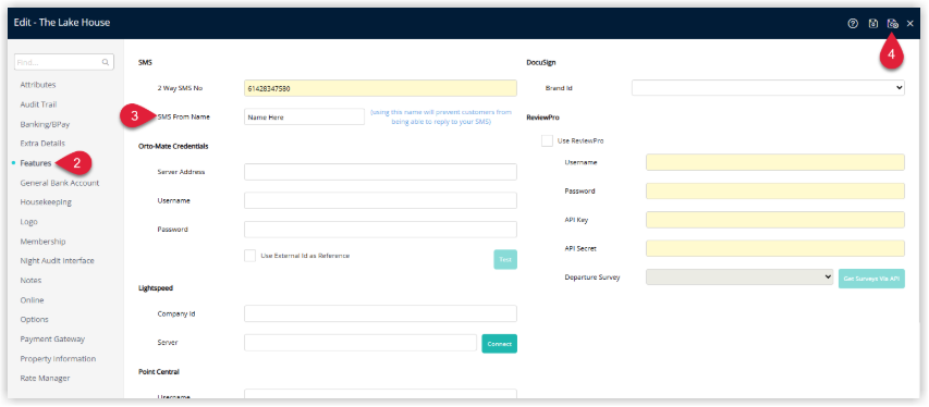 Screenshot of the Property Information edit screen in RMS with the Features tab selected, showing the SMS From Name field populated with an eleven-character sender name and the Save/Exit button highlighted to store the setting.
