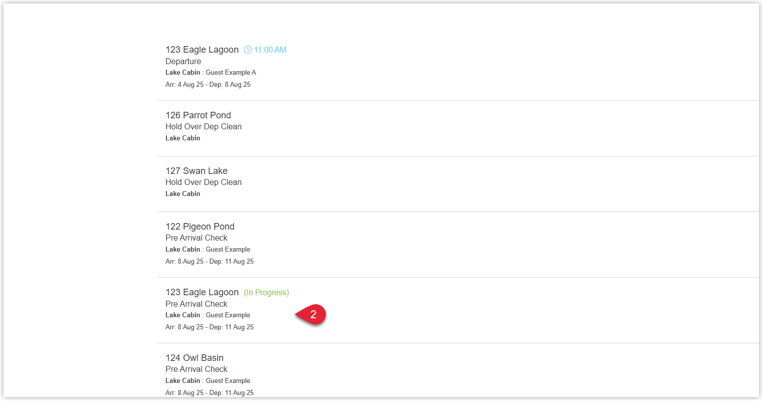 Housekeeping task list in the Staff Portal displaying tasks grouped by status with at least one task labelled In Progress tapped or highlighted.