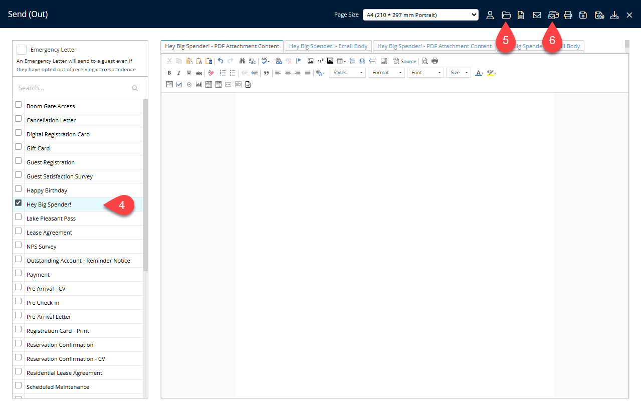 Annotated screenshot of the Send correspondence screen in RMS showing the letter template list with a template selected and the content editor
