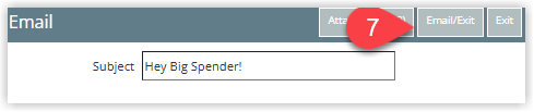 Annotated screenshot of the email send dialog in RMS showing the Subject field with the Email/Exit button highlighted