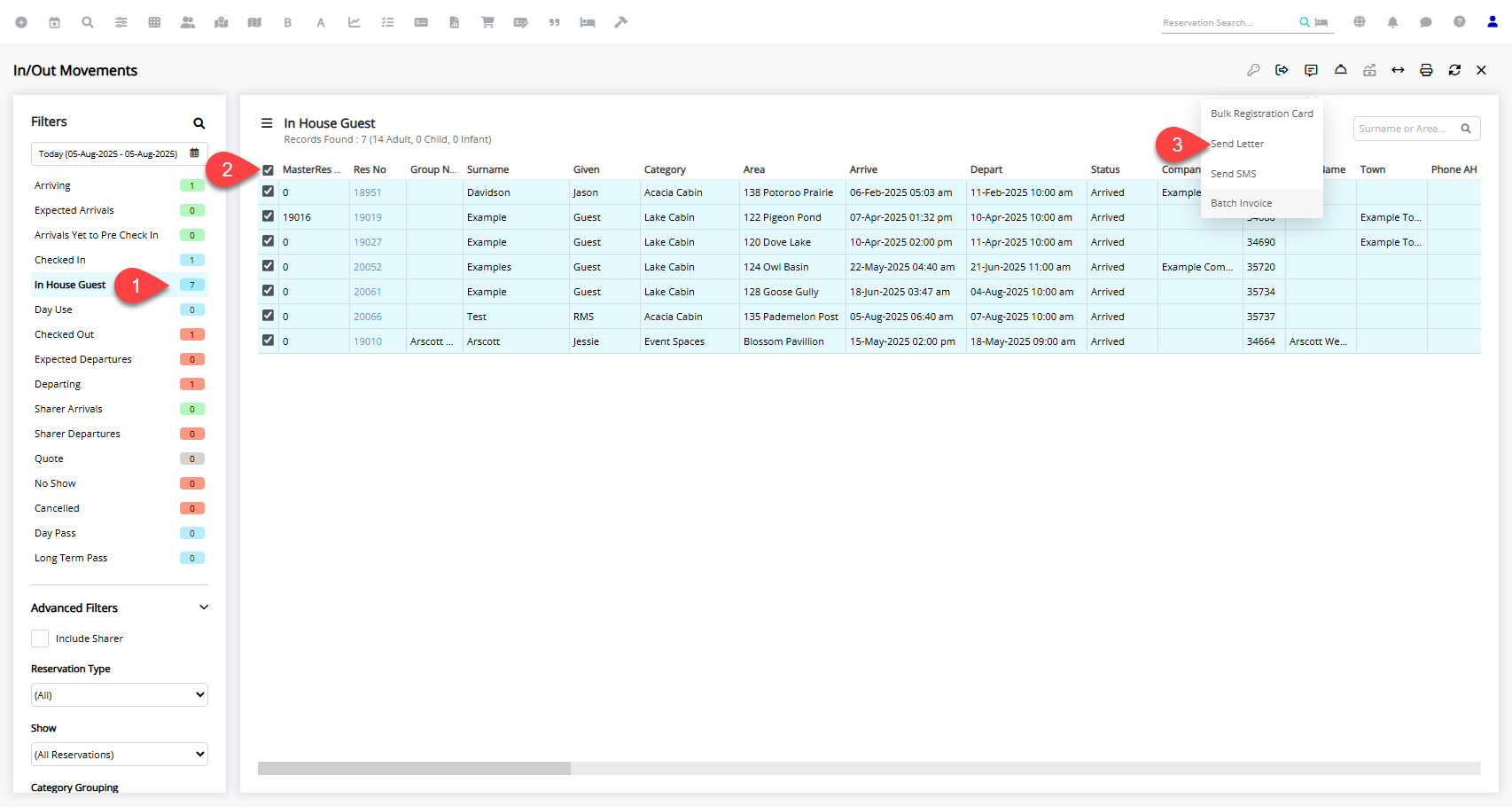 Annotated screenshot of the In/Out Movements screen in RMS showing in-house guests selected with the correspondence menu displaying the Send Letter and Send SMS options