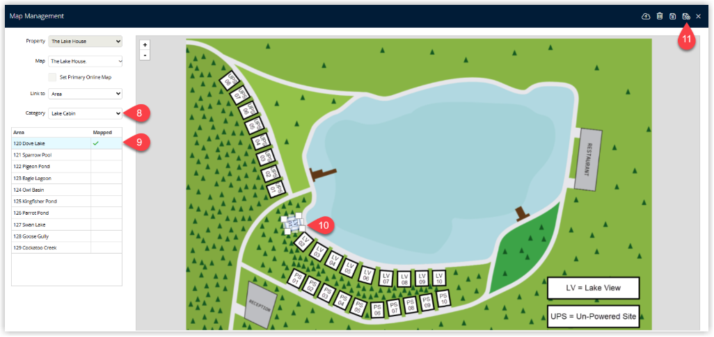 RMS Interactive Map editor screen showing multiple areas fully outlined and linked to categories and areas, with the Save/Exit button selected to store the interactive map configuration.