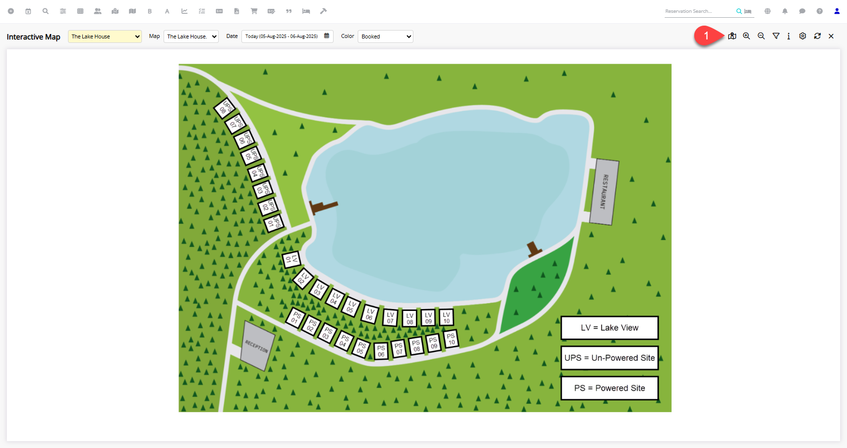 RMS Interactive Map screen with the Map Management icon highlighted, opening a side panel to manage and upload property map images.