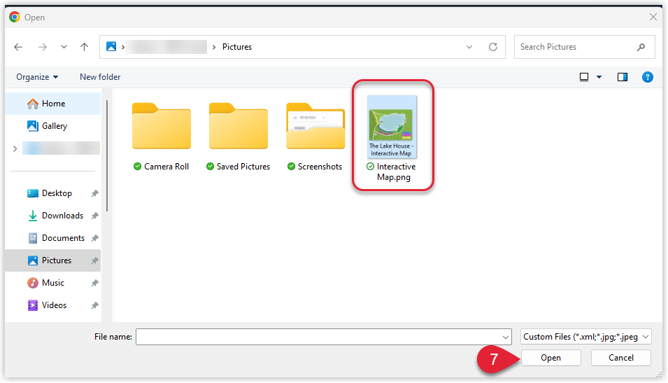Operating system file browser window displaying image files, with a JPG property map selected and the Open button highlighted to upload it into RMS.