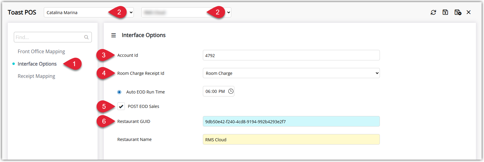 Annotated screenshot of the Toast POS Interface Options screen in RMS showing the Account ID, Room Charge Receipt ID, POST EOD Sales option, and Restaurant GUID fields