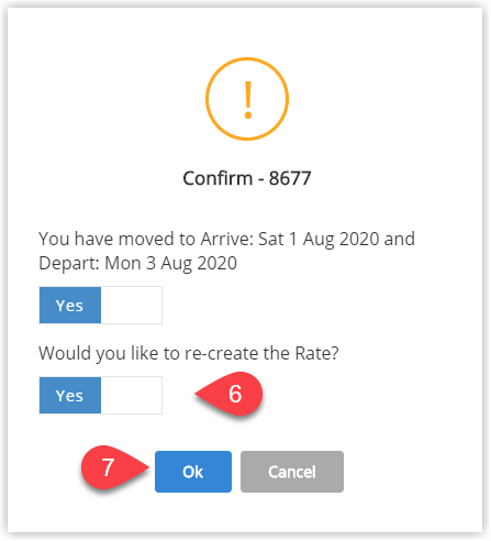 Annotated screenshot of the move confirmation dialog in RMS highlighting the re-create the Rate option set to Yes and the Ok button
