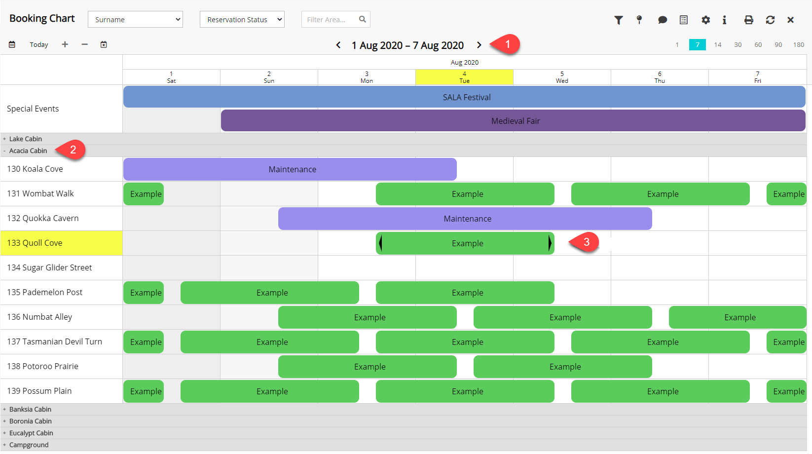 Annotated screenshot of the Booking Chart in RMS highlighting the date range navigation, the Acacia Cabin category, and a reservation in the 133 Quoll Cove area