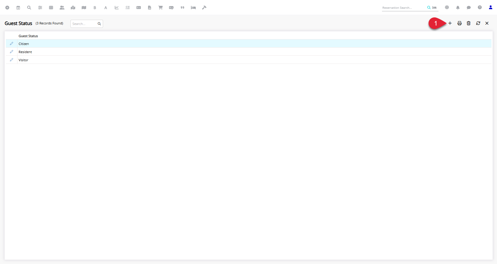 RMS Setup > Lookup Tables > Guest Status screen showing an empty list of guest statuses with the ‘Add’ button selected to create a new guest status.