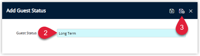 RMS Guest Status entry window displaying the Guest Status text field filled in and the Save/Exit button selected to save the new guest status