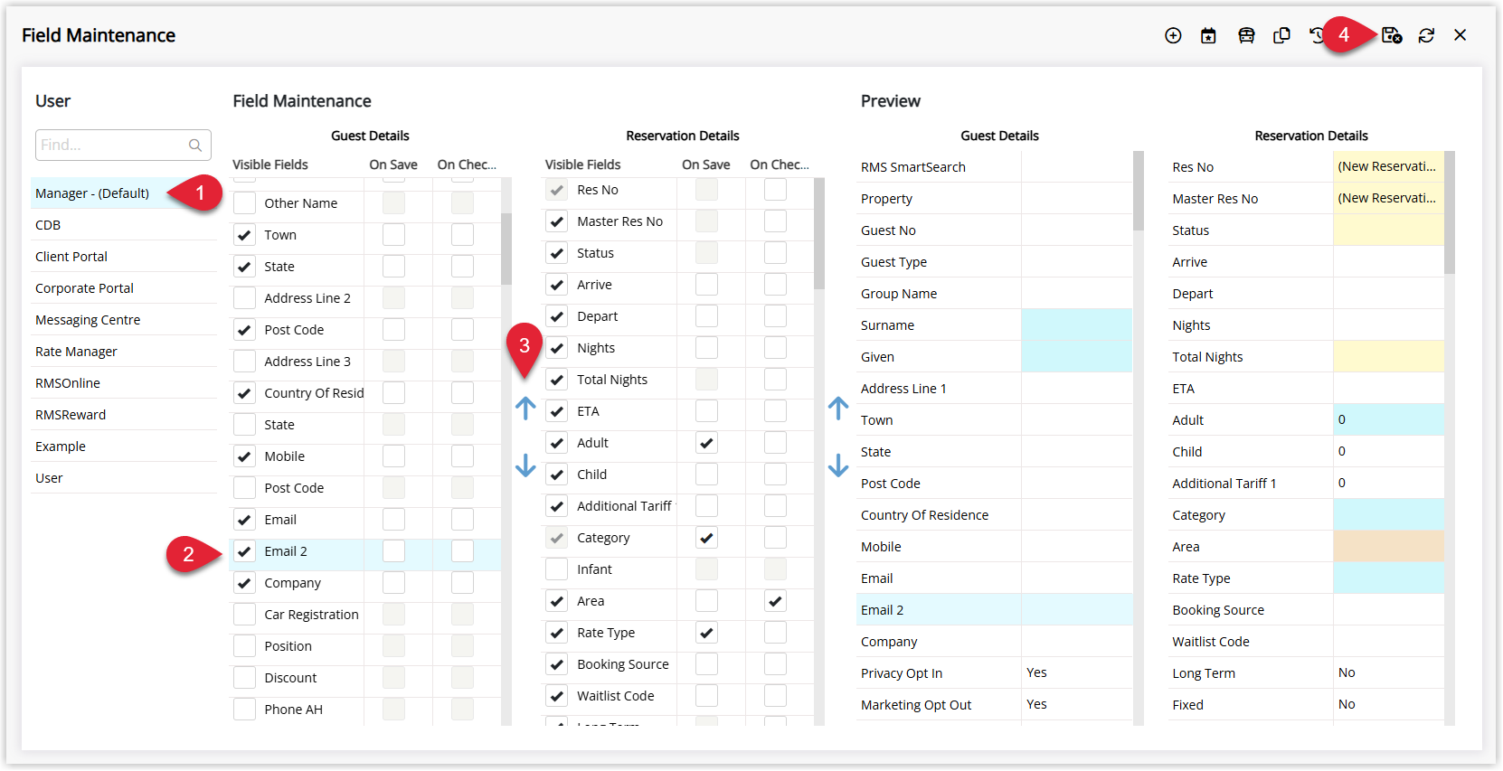 Annotated screenshot of the Field Maintenance screen in RMS with the secondary Email field highlighted in the Guest Details visible fields
