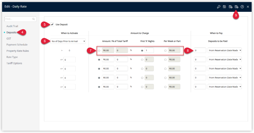 Rate Type configuration window in RMS on the Deposits tab showing the 'Use Deposit' checkbox ticked, dropdowns and fields for 'When to Activate', 'Amount to Charge' and 'When to Pay' populated with values, and a Save/Exit button to apply the deposit rules to the rate type