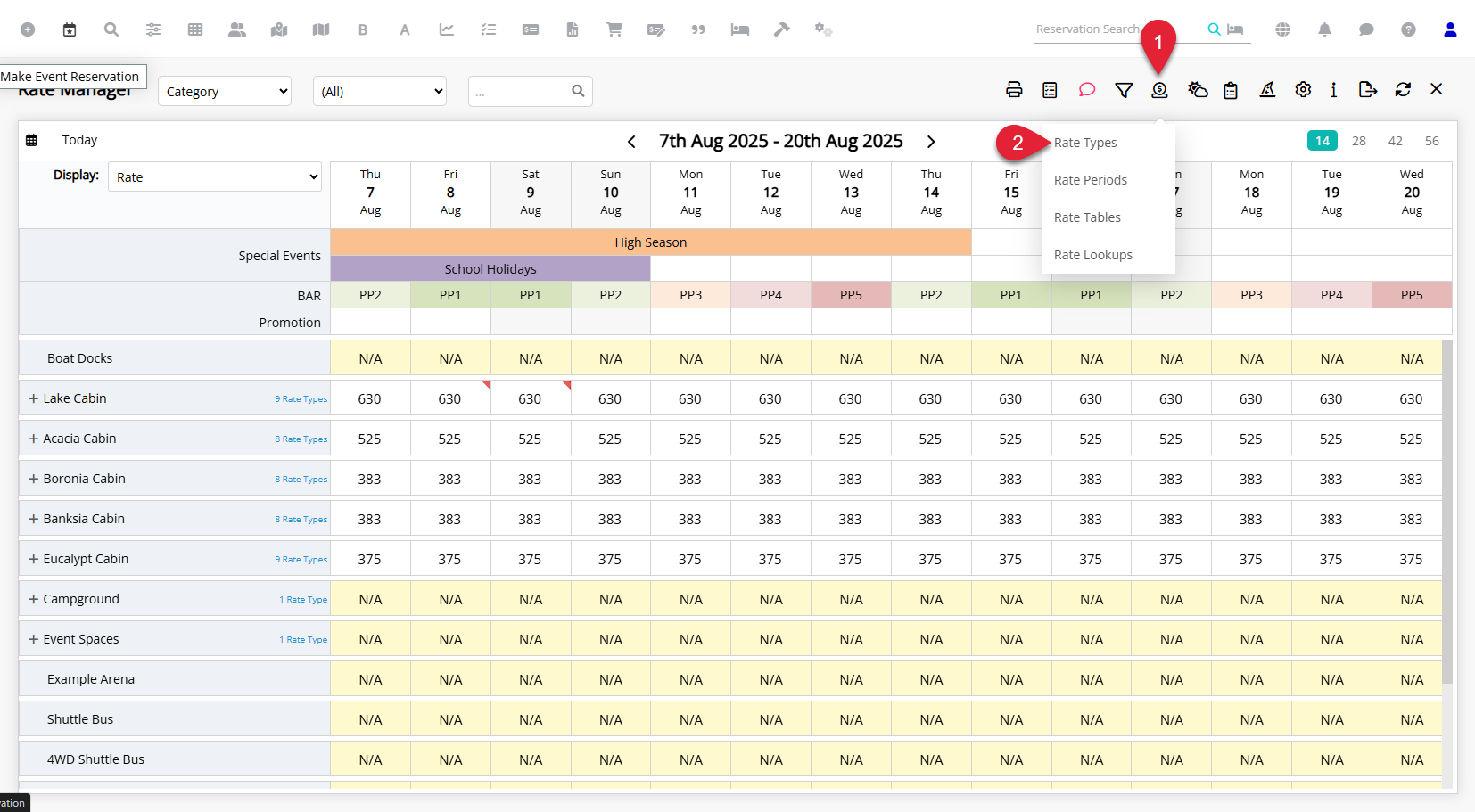 Rate Manager screen in RMS with the Rates menu expanded and the Rate Types option selected to display the list of configured rate types