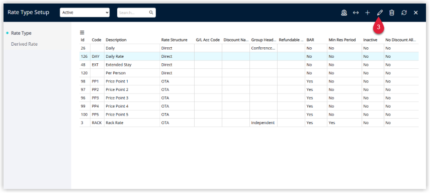 Rate Types list in RMS showing multiple rate types with one rate type highlighted and the Edit option selected to open its settings